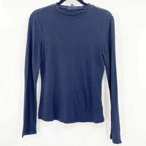 ModCloth Mockneck Top Women's Size S Black Lettuce Trim Long Sleeve Ribbed